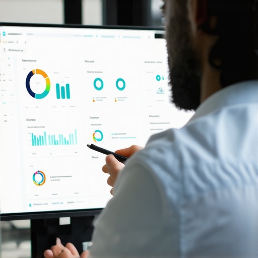 A person reviewing credit data on a computer screen with graphs and AI interface.