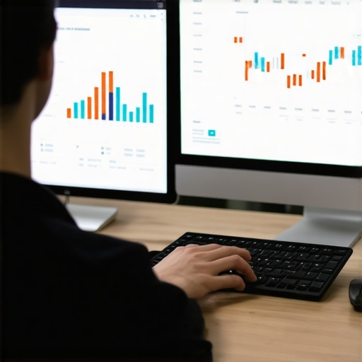 Professional analyzing credit data with charts and graphs on a computer in a modern office environment.