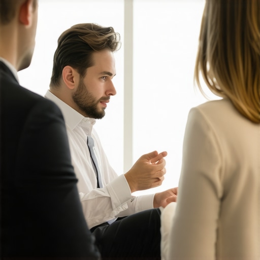 Financial advisor explaining credit building and debt management strategies to a client in an office.