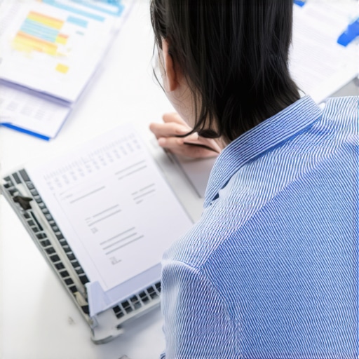 Individual reviewing credit report on laptop with financial documents around, illustrating proactive management.