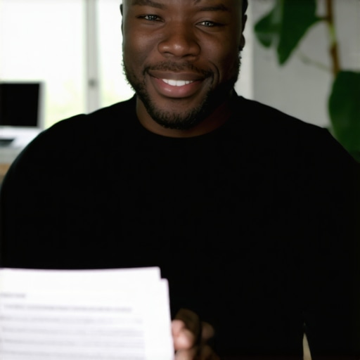 Person reviewing credit report with a confident smile in a modern home office