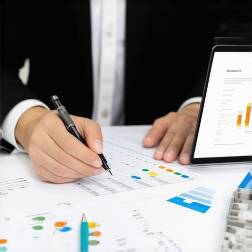 Financial advisor discussing credit rebuilding techniques with a client using digital devices.