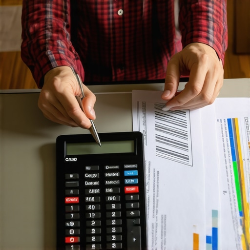 Person reviewing credit report with calculator and laptop