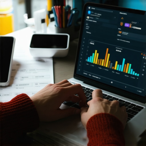 Person managing credit score with digital tools and financial documents in a professional setting.