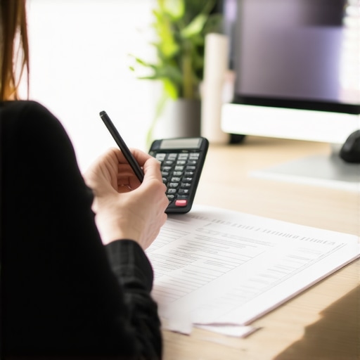 Individual analyzing credit report with financial tools at desk.