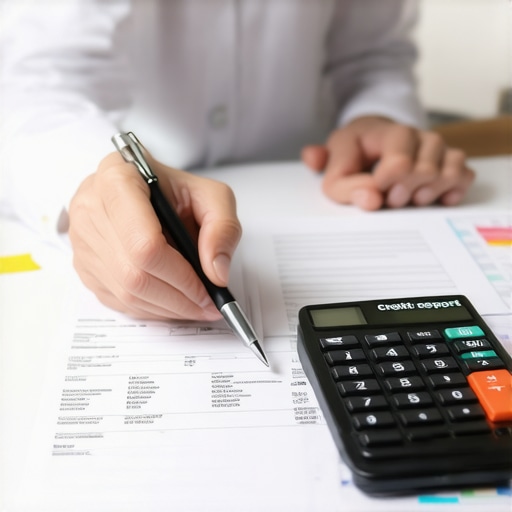 Person analyzing credit report and financial documents at home