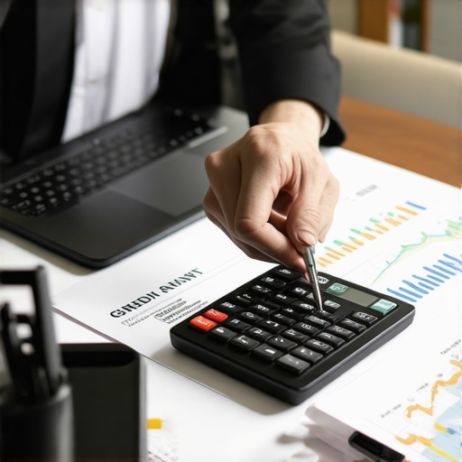 Person analyzing credit report with tools for financial planning.