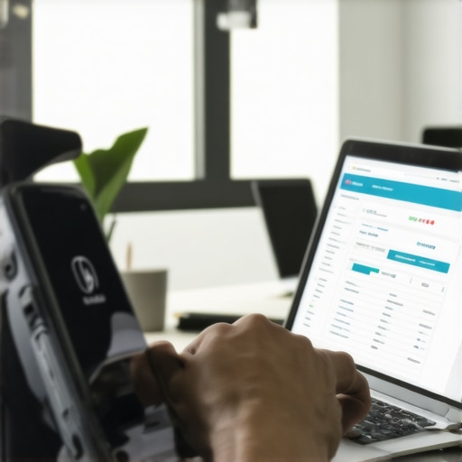 Financial Management Tools in Action Person managing credit score and debt with digital tools on laptop and smartphone in home office.