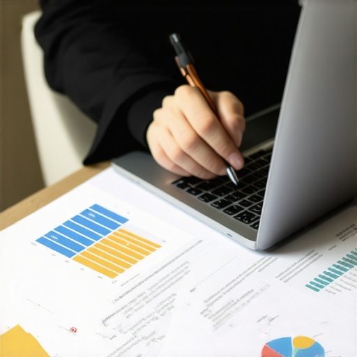 Person analyzing financial data on a laptop and paper documents, depicting active credit management.
