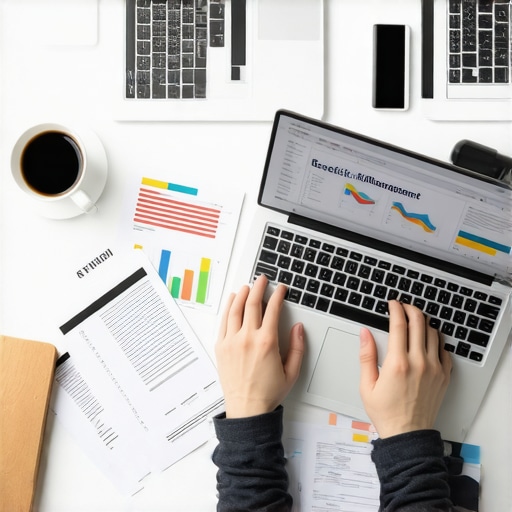 Person analyzing credit scores and financial tools on a laptop with financial documents.