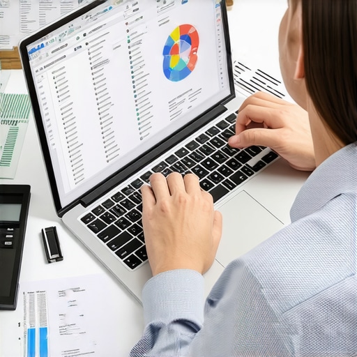 Effective Credit Management Tools in Action A person reviewing credit report on a laptop with financial documents and tools, illustrating credit maintenance techniques.