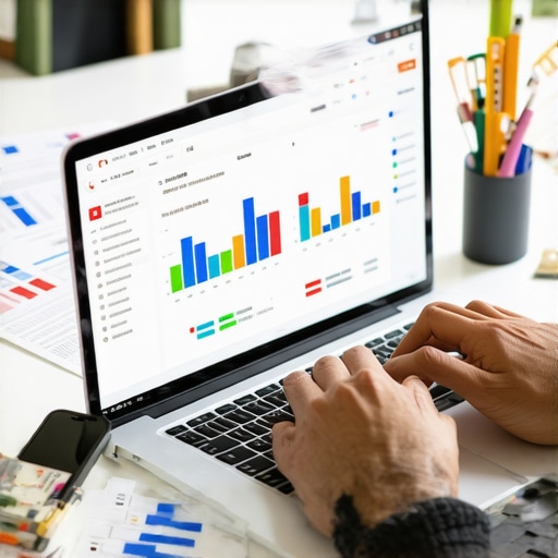 Financial Tools for Credit Management Person analyzing credit scores on a laptop with financial documents around.