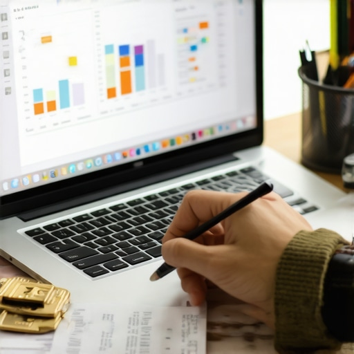 Person reviewing credit report on a laptop surrounded by financial tools
