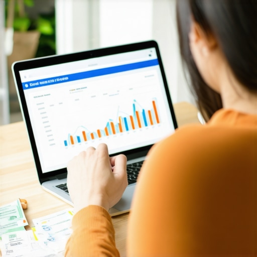 Person analyzing credit report on laptop with financial documents and calculator