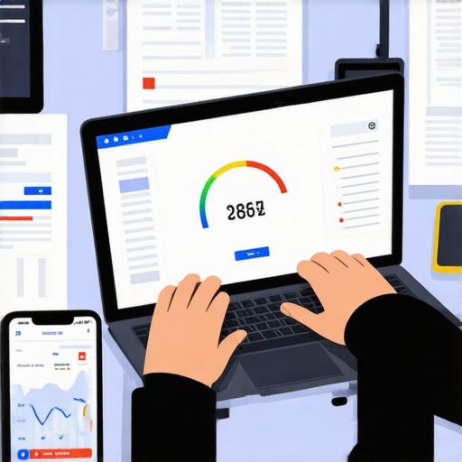 Person checking credit monitoring app on laptop with financial documents around