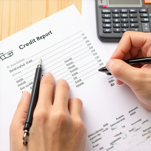 Reviewing Credit Report for Errors Person analyzing credit report with pen and calculator on desk