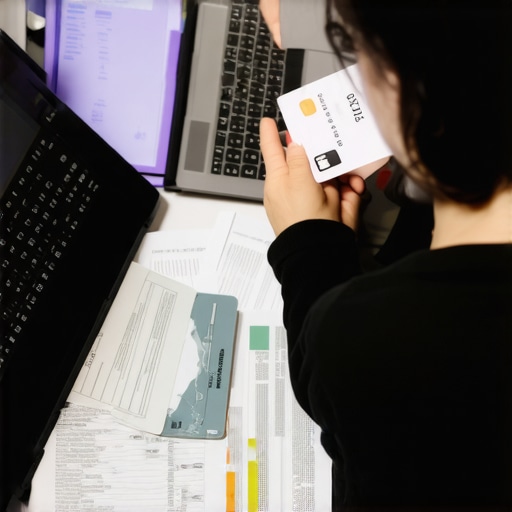 Person analyzing credit report with laptop and financial statements.