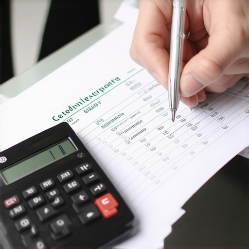 Person analyzing credit report documents with calculator and pen on desk.
