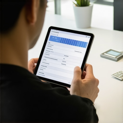 Person analyzing credit report on tablet with financial charts and tools