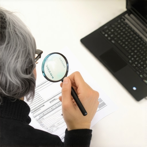 Person examining credit reports closely with magnifying glass
