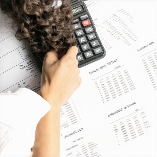 Individual analyzing financial statements with calculator and documents for debt payoff strategies.