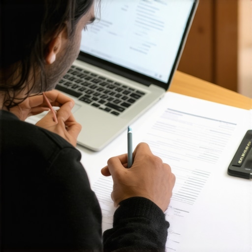 Person examining credit report and legal documents on a laptop for dispute