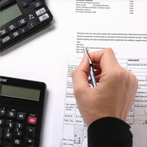 Person examining credit report and balancing expenses with calculator