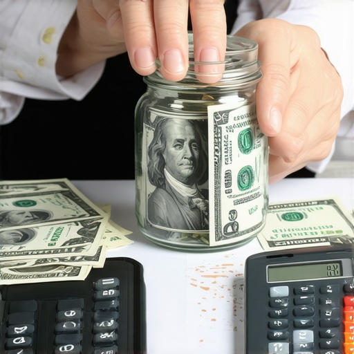 Person saving money in a jar with bills nearby, representing financial planning and emergency preparedness.