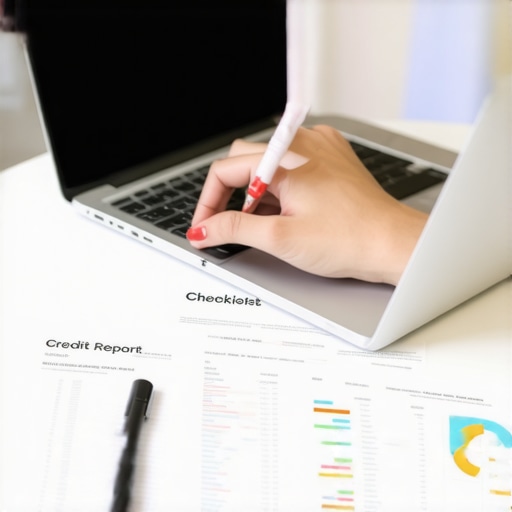Individual analyzing credit report on a laptop, highlighting routine credit management.