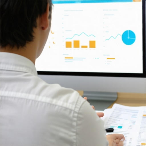 A person analyzing credit data on a laptop, surrounded by charts and financial information.