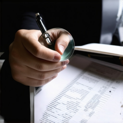 Person analyzing credit report details with magnifying glass.