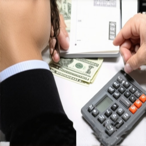 Person organizing bills and calculator for debt repayment