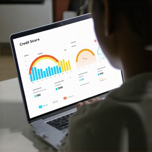 Person managing credit scores on laptop with financial app dashboards