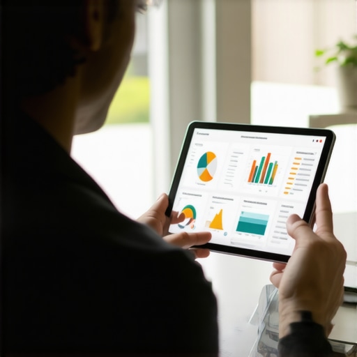 Person analyzing credit report and score metrics on a tablet device in an office setting