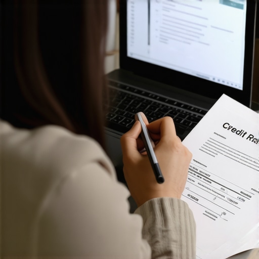Person reviewing credit report on laptop with dispute documents.