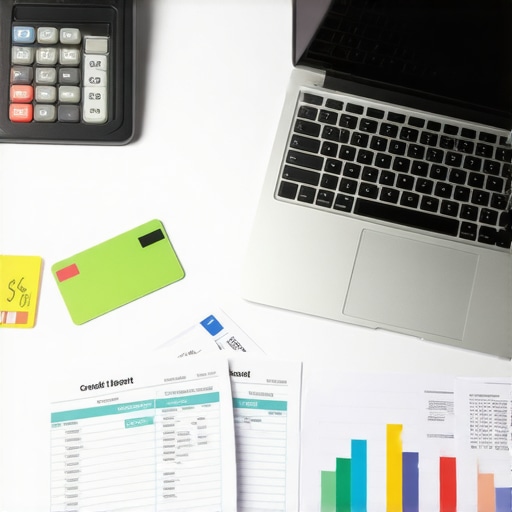 Person reviewing credit reports and managing finances at a desk.
