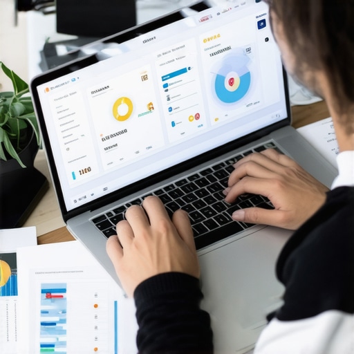 Person reviewing credit report alerts on a laptop in a modern office setting