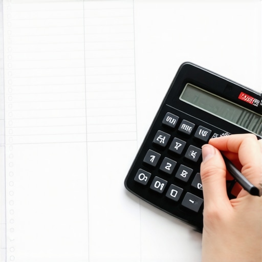 Person preparing a grocery list with a calculator and a store layout