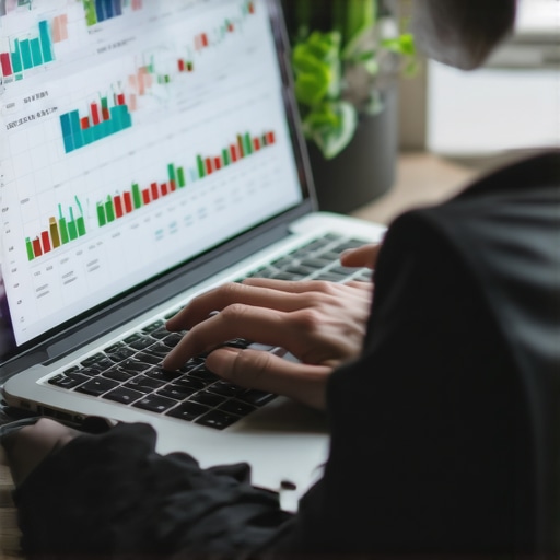 Person analyzing credit report and financial data on laptop for ongoing credit maintenance.