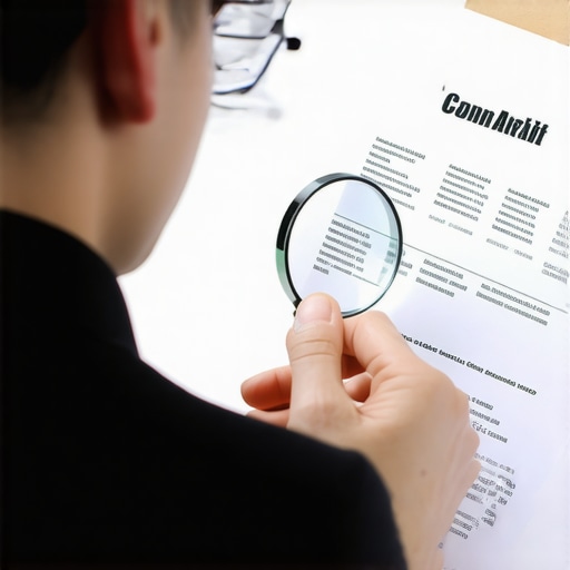 Individual scrutinizing credit report details with magnifying glass