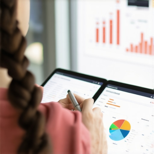 A person analyzing credit reports digitally with financial graphs displayed.