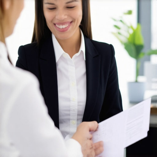 A person confidently discussing loan options with a bank officer at a desk.