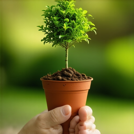 A person watering a small potted tree representing building credit age
