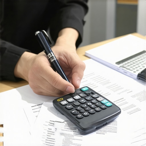 Person reviewing credit report and financial documents at desk.