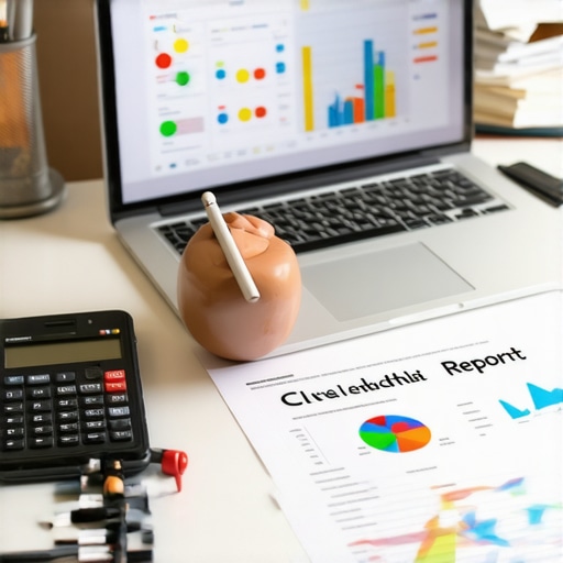 An individual analyzing credit monitoring data on a laptop with various financial tools and charts on the desk.