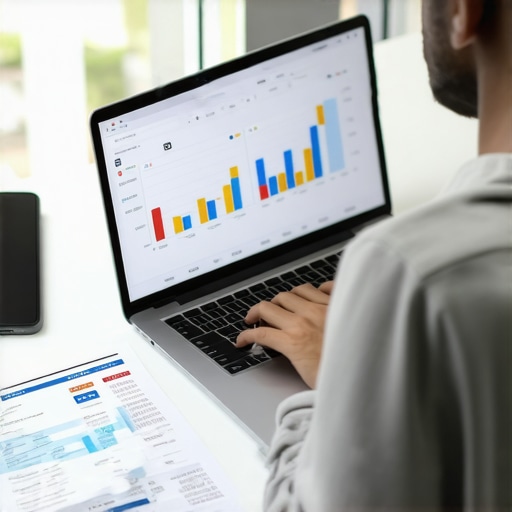 Person reviewing credit scores and financial reports on a laptop with supplementary devices