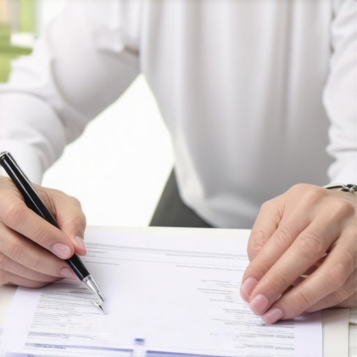 Individual analyzing credit report documents in a home office.