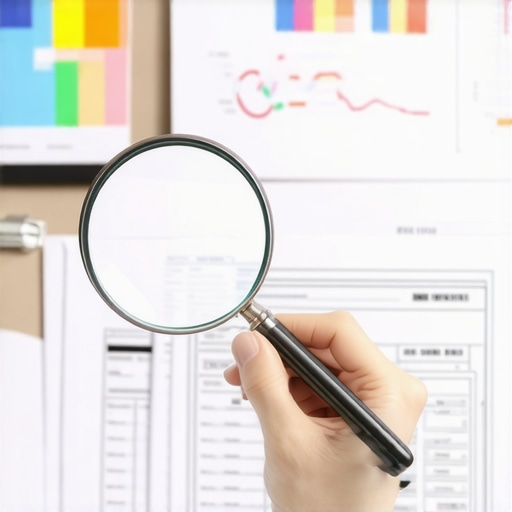 Person examining credit report details closely with a magnifying glass.