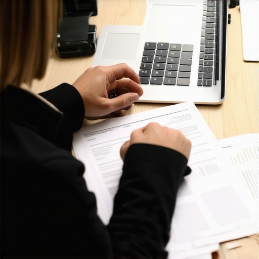 Person analyzing credit reports with a calculator and laptop on a desk.