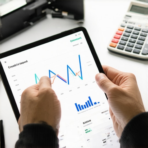 Individual analyzing financial data and credit reports on a digital device, emphasizing ongoing credit management.